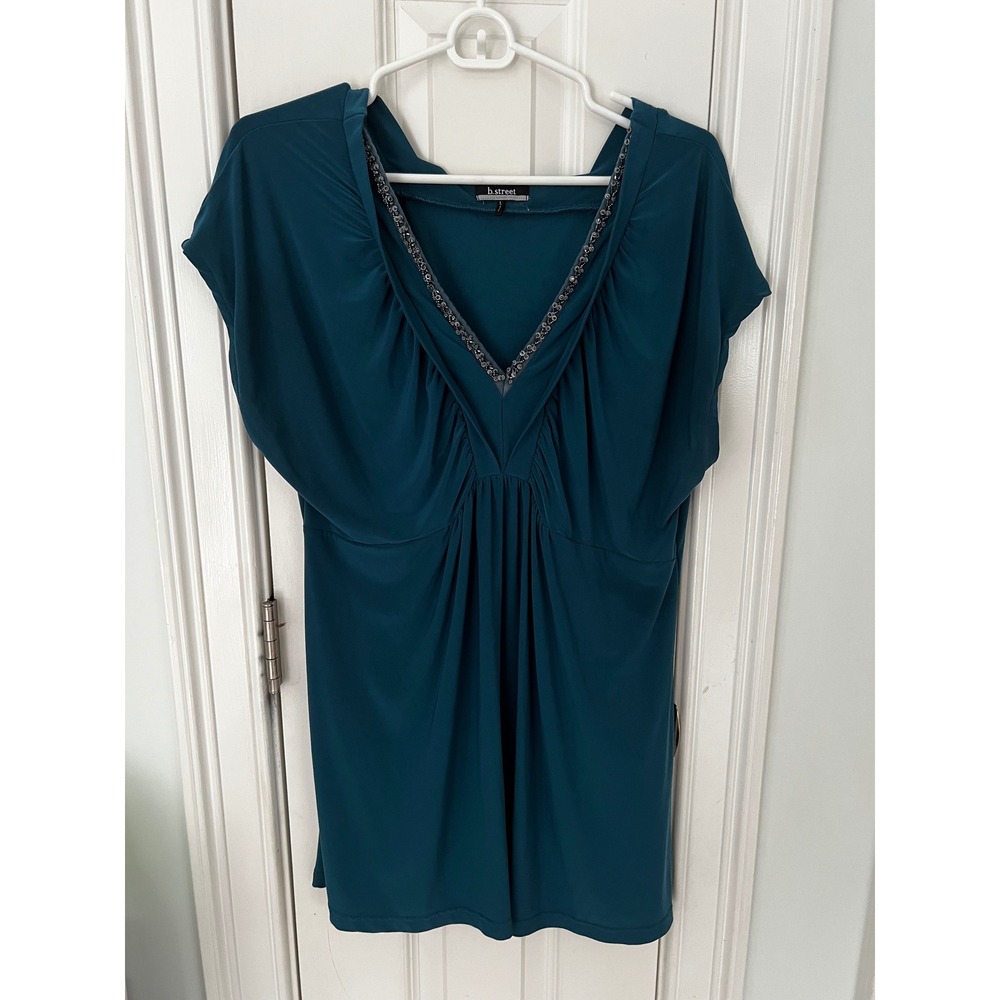 B. Street Teal Blue Sequin V-Neck Empire Waist Tunic‎ Top Blouse Womens Large